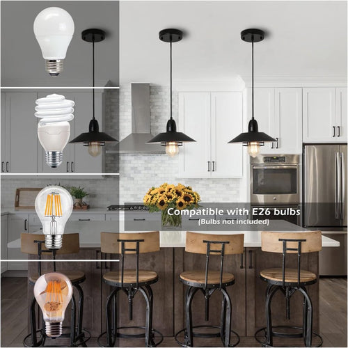 Farmhouse Vintage Black Pendant Light – Adjustable Metal Hanging Lamp with Spring Frame, E26 Fixture for Kitchen Island & Dining Room