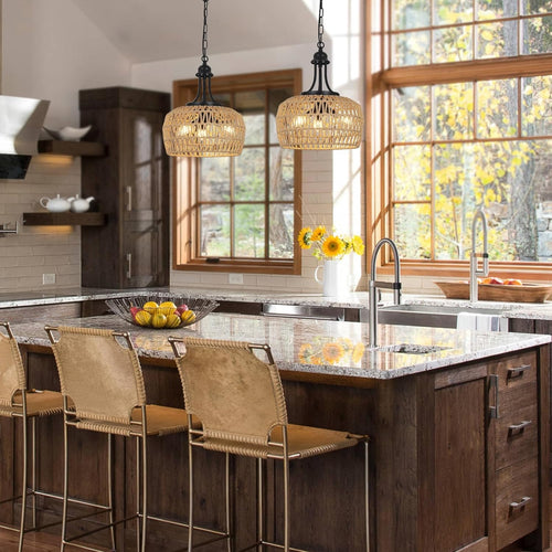 Farmhouse 3-Light Boho Rattan Chandelier – Dining Room Ceiling Hanging Light Fixture